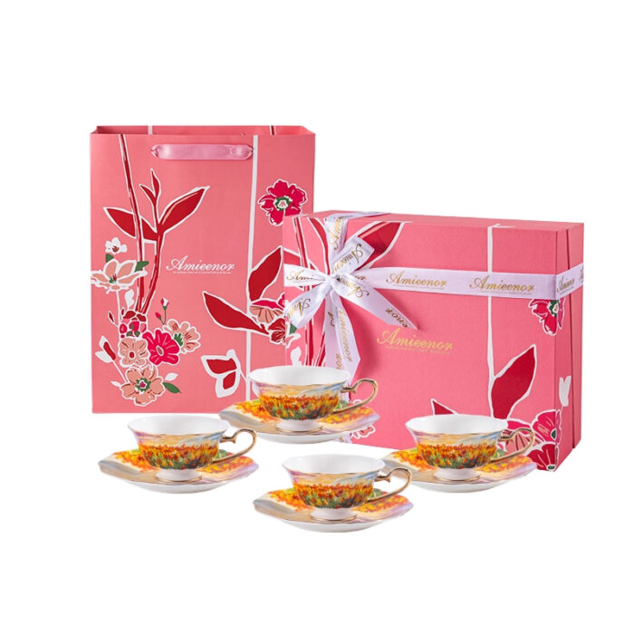Fine Bone-China Tea Cup & Saucer Set – 160 ml, 24K Gold Handle,Tulip Garden - 4 cups & 4 saucers - Image 6