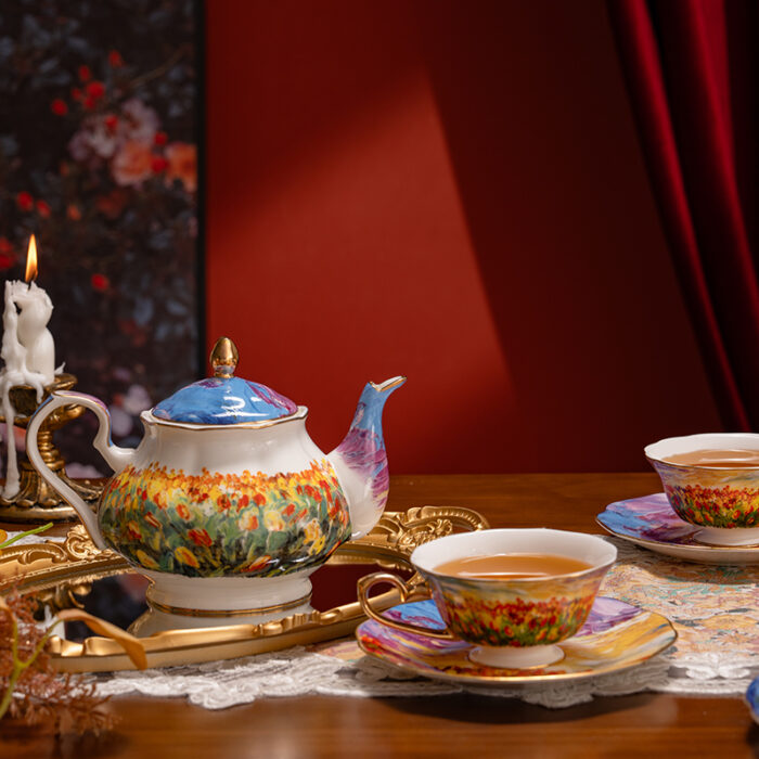 Fine Bone-China Tea Cup & Saucer Set – 160 ml, 24K Gold Handle,Tulip Garden - 1teapot and 2 cups & 2 saucers - Image 3
