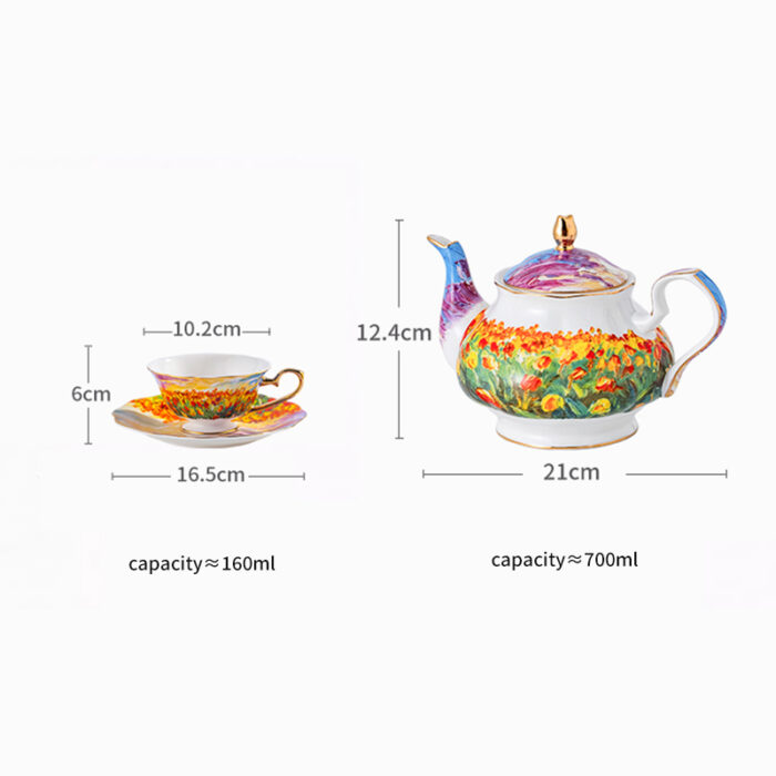 Fine Bone-China Tea Cup & Saucer Set – 160 ml, 24K Gold Handle,Tulip Garden - 1teapot and 2 cups & 2 saucers - Image 6