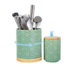 Utensil Holder Set of 2, 7.7"+5.7" Ceramic Kitchen Utensil Holder for Countertop, Farmhouse Vintage Utensil Crock, 360° Rotating Large Utensil Organizer - Green