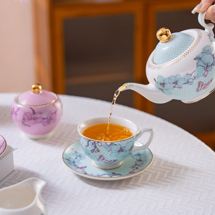Fine Porcelain Tea Set – Blue 2 cups+ 2 saucers-the Charm of Orchids - Image 4
