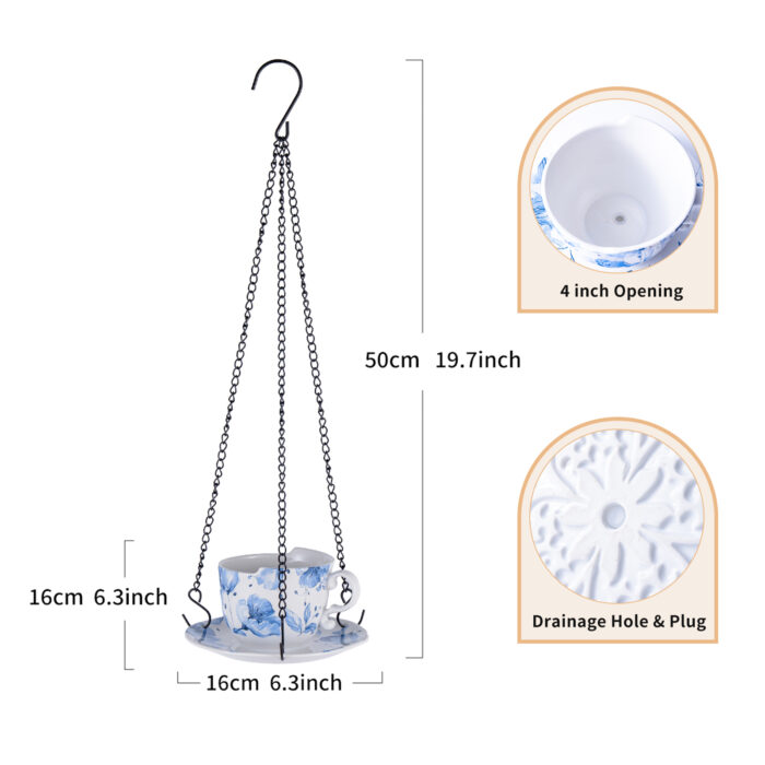 6.3" Ceramic Hanging Planter with Chain – Cup-Shaped Indoor/Outdoor Pot & Candle Holder - BLUE - Image 10