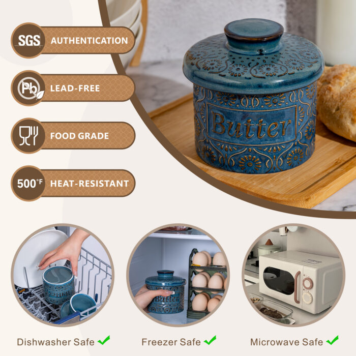Butter Crock, Ceramic Butter Dish with Lid, 6.7 oz French Butter Keeper, Reactive Glaze – Dark Blue - Image 3