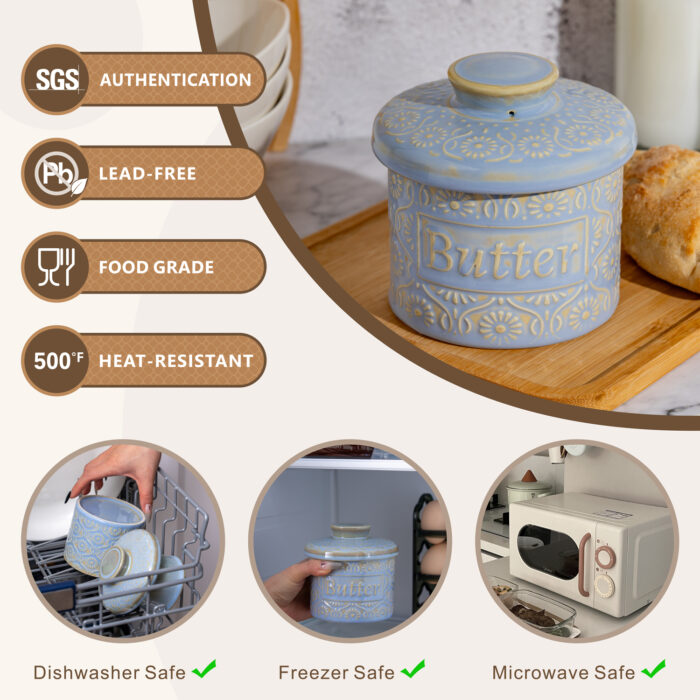 Butter Crock, Ceramic Butter Dish with Lid, 6.7 oz French Butter Keeper, Reactive Glaze – Light Blue - Image 3