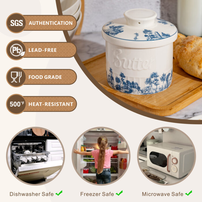 French Butter Crock Porcelain Keeper – Airtight Water-Seal 6.7 oz Countertop Soft Butter Dish, Clover Décor & Housewarming Gift - Blue classic - Image 3