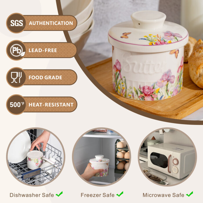 French Butter Crock Porcelain Keeper – Airtight Water-Seal 6.7 oz Countertop Soft Butter Dish, Clover Décor & Housewarming Gift - Sweet spring - Image 3