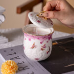 Freesia Scented Soy-Wax Candle Gift Set – 2 Ceramic Jars w/ 24K Gold Rim, Gift Box & Tote - Dancing butterfly - Image 4