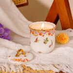 Freesia Scented Soy-Wax Candle Gift Set – 2 Ceramic Jars w/ 24K Gold Rim, Gift Box & Tote - Blooming season - Image 4