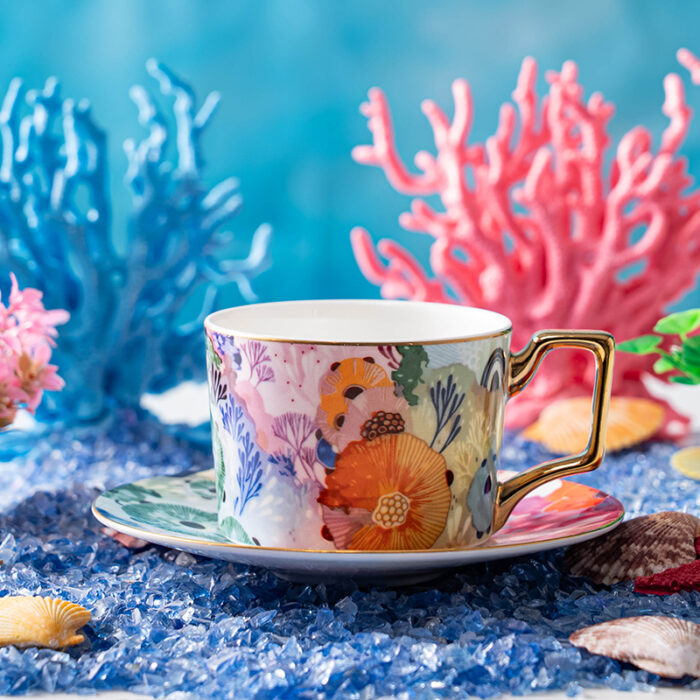 Set of 2 Fine Bone-China Tea Cup & Saucer Set 250 ml – Secret Coral Land - Image 4