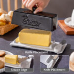 Butter Dish with Lid and Knife: Ceramic Butter Dish with Lid for Countertop, 8 Inch Butter Holder with Knob Handle, Durable Butter Keeper - Black - Image 4