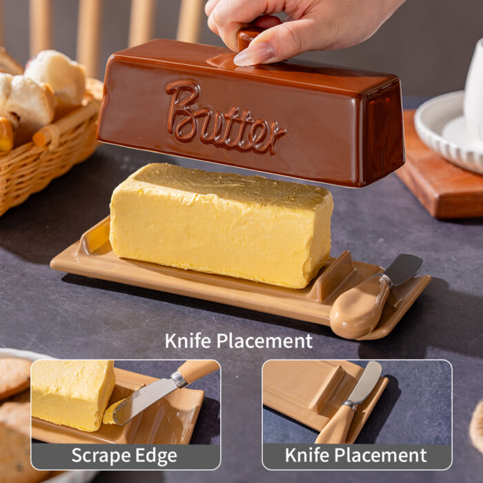 Butter Dish with Lid and Knife: Ceramic Butter Dish with Lid for Countertop, 8 Inch Butter Holder with Knob Handle, Durable Butter Keeper - Brown - Image 4