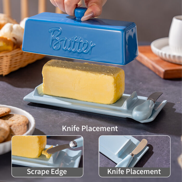 Butter Dish with Lid and Knife: Ceramic Butter Dish with Lid for Countertop, 8 Inch Butter Holder with Knob Handle, Durable Butter Keeper - Blue - Image 4