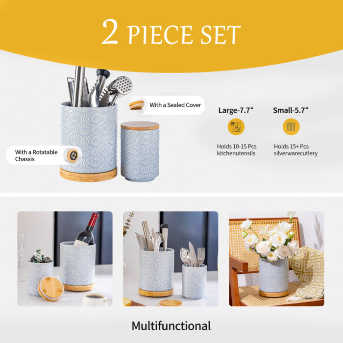 Utensil Holder Set of 2, 7.7"+5.7" Ceramic Kitchen Utensil Holder for Countertop, Farmhouse Vintage Utensil Crock, 360° Rotating Large Utensil Organizer - Light blue - Image 4