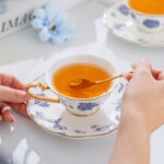 Fine Bone-China Tea Cup & Saucer Set – 160 ml, 24K Gold Handle, -Blue Luxe - Image 4