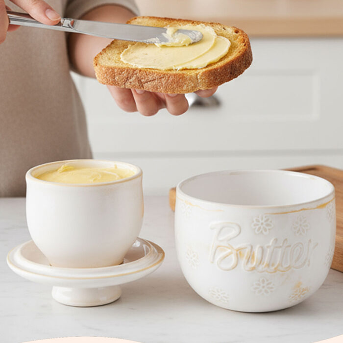 Butter Crock Ceramic 8 oz – Floral & Butter-Embossed French Butter Keeper, Countertop Butter Dish with Lid & Water-Line Design - Ivory - Image 4