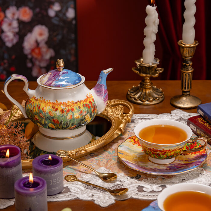 Fine Bone-China Tea Cup & Saucer Set – 160 ml, 24K Gold Handle,Tulip Garden - 1teapot and 2 cups & 2 saucers - Image 4