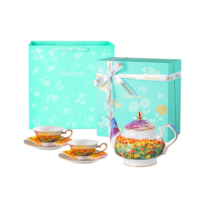 Fine Bone-China Tea Cup & Saucer Set – 160 ml, 24K Gold Handle,Tulip Garden - 1teapot and 2 cups & 2 saucers - Image 7
