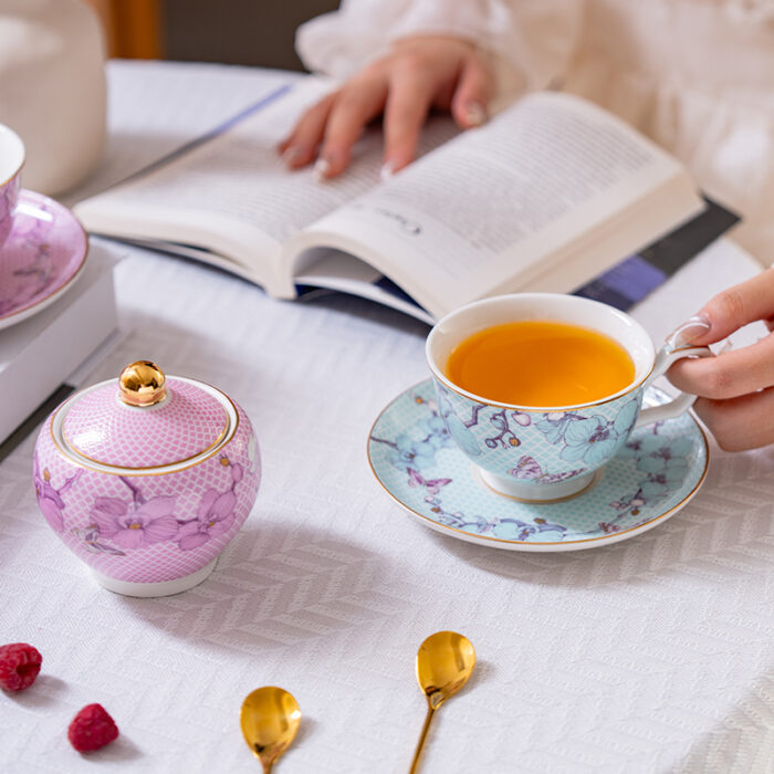Fine Porcelain Tea Set – Blue 2 cups+ 2 saucers-the Charm of Orchids - Image 5