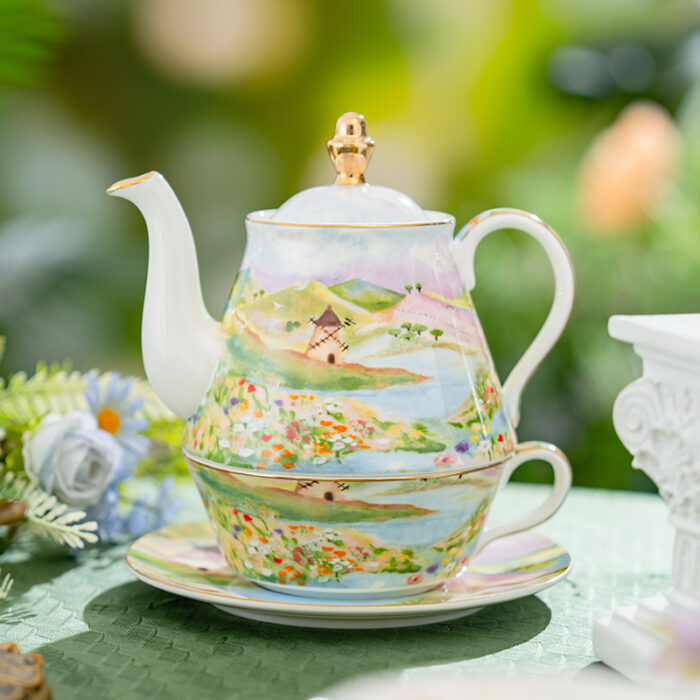 Watercolor “Wilderness” Gold-Rim Bone-China Tea-for-One Set, Luxury Gift Set - Image 5