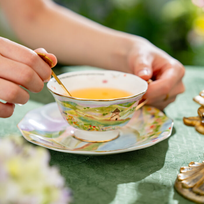 Watercolor “Wilderness” 160 ml Gold-Handle Bone-China Cup & Saucer Luxury Gift Set - set of 2 cup &2 saucer - Image 5