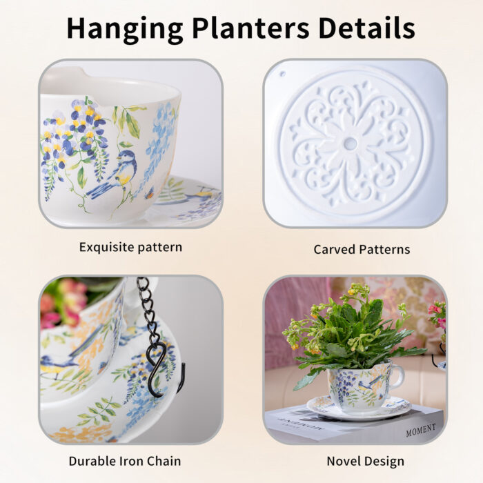 6.3" Ceramic Hanging Planter with Chain – Cup-Shaped Indoor/Outdoor Pot & Candle Holder - FLORAL - Image 4