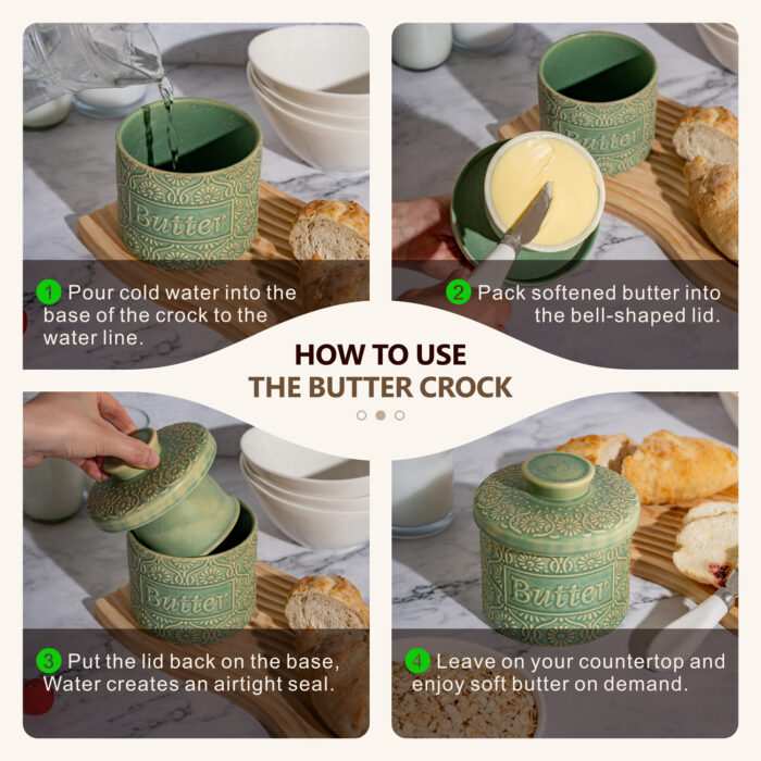 Butter Crock, Ceramic Butter Dish with Lid, 6.7 oz French Butter Keeper, Reactive Glaze – Green - Image 4