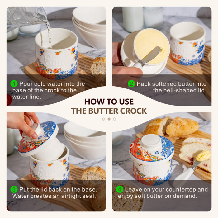 French Butter Crock Porcelain Keeper – Airtight Water-Seal 6.7 oz Countertop Soft Butter Dish, Clover Décor & Housewarming Gift - Mixed vintage - Image 4