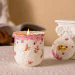 Freesia Scented Soy-Wax Candle Gift Set – 2 Ceramic Jars w/ 24K Gold Rim, Gift Box & Tote - Dancing butterfly - Image 5