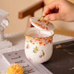 Freesia Scented Soy-Wax Candle Gift Set – 2 Ceramic Jars w/ 24K Gold Rim, Gift Box & Tote - Blooming season - Image 5