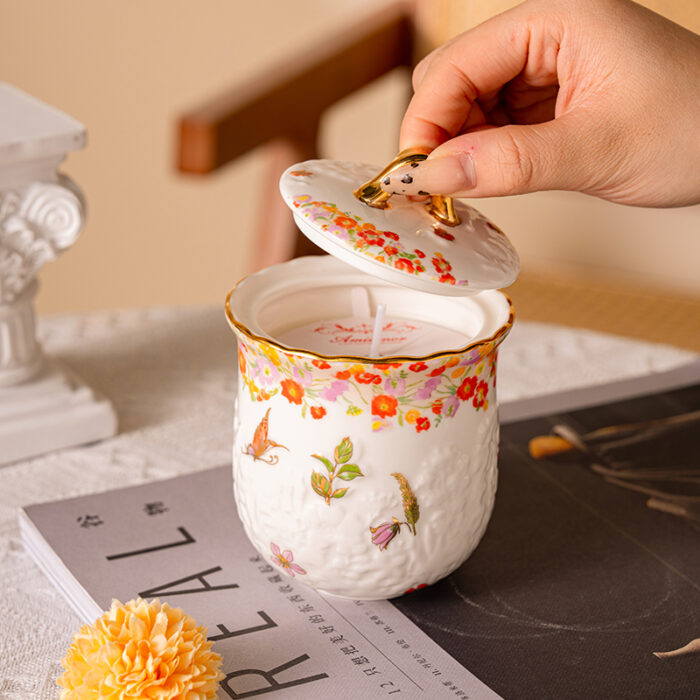 Freesia Scented Soy-Wax Candle Gift Set – 2 Ceramic Jars w/ 24K Gold Rim, Gift Box & Tote - Blooming season - Image 5