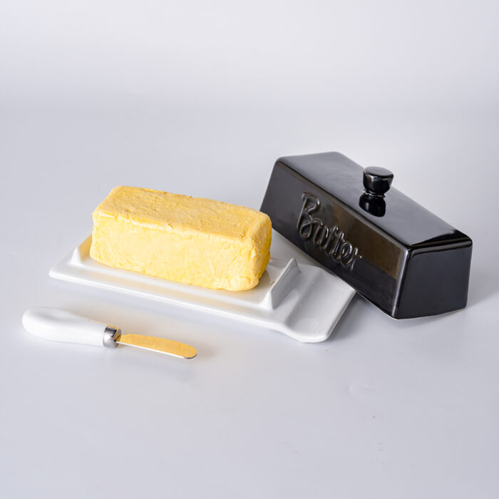 Butter Dish with Lid and Knife: Ceramic Butter Dish with Lid for Countertop, 8 Inch Butter Holder with Knob Handle, Durable Butter Keeper - Black - Image 5