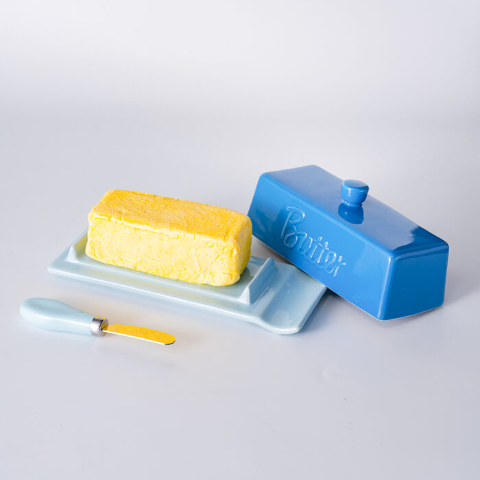 Butter Dish with Lid and Knife: Ceramic Butter Dish with Lid for Countertop, 8 Inch Butter Holder with Knob Handle, Durable Butter Keeper - Blue - Image 5