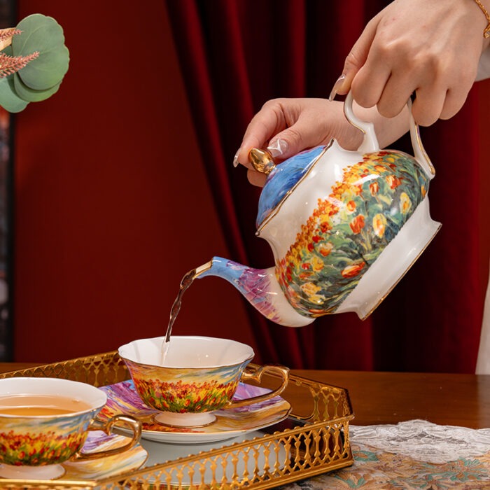 Fine Bone-China Tea Cup & Saucer Set – 160 ml, 24K Gold Handle,Tulip Garden - 1teapot and 2 cups & 2 saucers - Image 5
