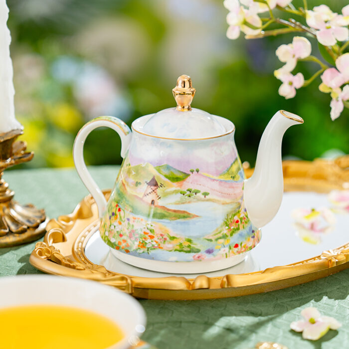 Watercolor “Wilderness” Gold-Rim Bone-China Tea-for-One Set, Luxury Gift Set - Image 6