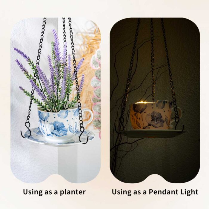 6.3" Ceramic Hanging Planter with Chain – Cup-Shaped Indoor/Outdoor Pot & Candle Holder - BLUE - Image 9