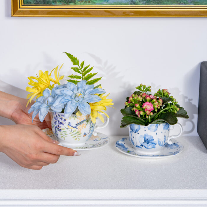 6.3" Ceramic Hanging Planter with Chain – Cup-Shaped Indoor/Outdoor Pot & Candle Holder - FLORAL - Image 5
