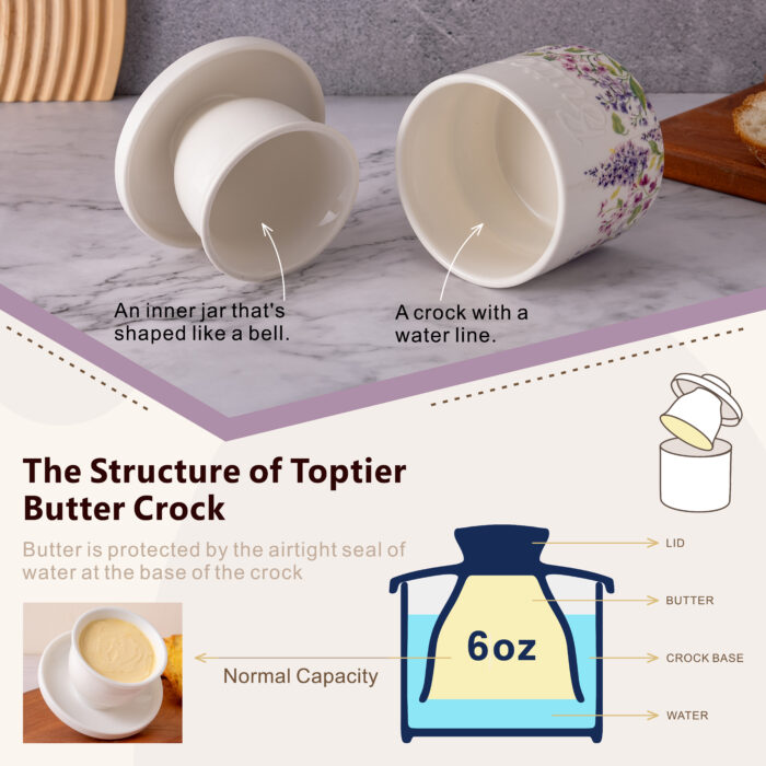 French Butter Crock Porcelain Keeper – Airtight Water-Seal 6.7 oz Countertop Soft Butter Dish, Clover Décor & Housewarming Gift - Lilac Love - Image 5