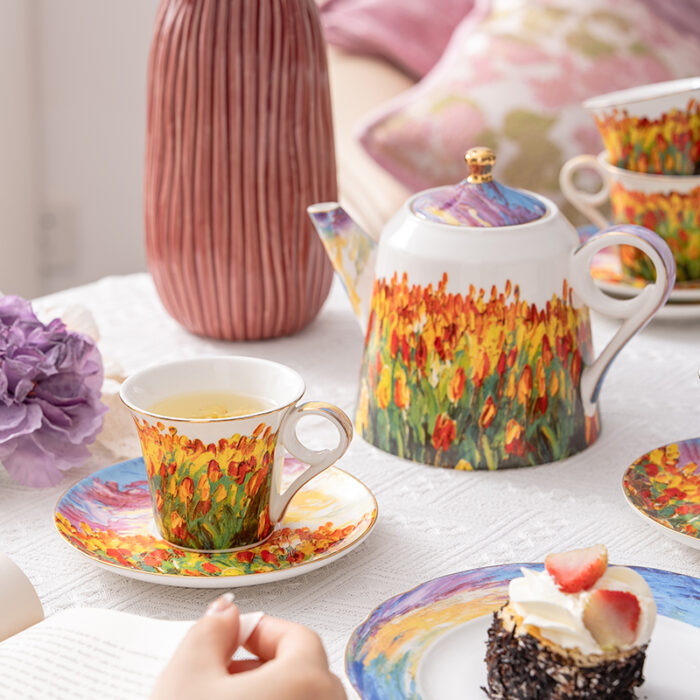 Oil Painting on Durable Porcelain Tea Set 9 pcs – Tulip Garden - Image 6