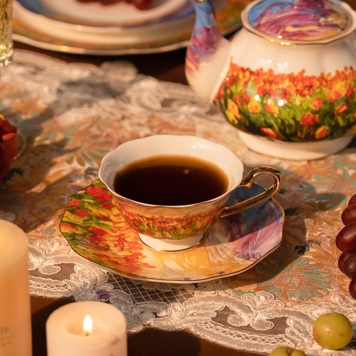 Fine Bone-China Tea Cup & Saucer Set – 160 ml, 24K Gold Handle,Tulip Garden - 4 cups & 4 saucers - Image 2
