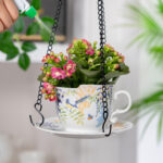 6.3" Ceramic Hanging Planter with Chain – Cup-Shaped Indoor/Outdoor Pot & Candle Holder - FLORAL - Image 6