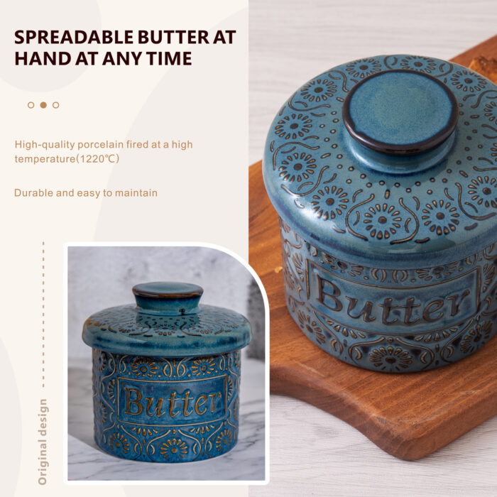 Butter Crock, Ceramic Butter Dish with Lid, 6.7 oz French Butter Keeper, Reactive Glaze – Dark Blue - Image 6