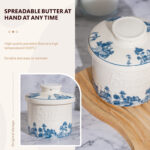 French Butter Crock Porcelain Keeper – Airtight Water-Seal 6.7 oz Countertop Soft Butter Dish, Clover Décor & Housewarming Gift - Blue classic - Image 6