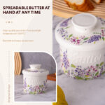 French Butter Crock Porcelain Keeper – Airtight Water-Seal 6.7 oz Countertop Soft Butter Dish, Clover Décor & Housewarming Gift - Lilac Love - Image 6