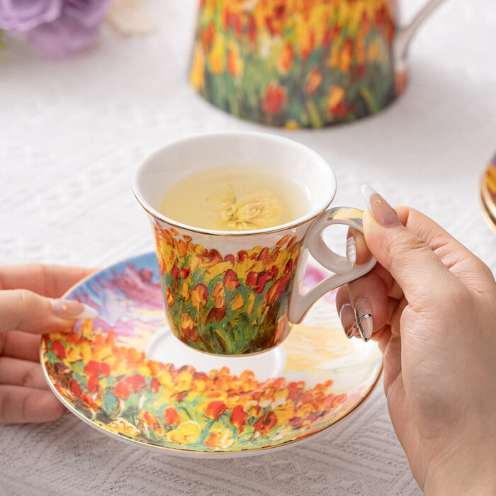 Oil Painting on Durable Porcelain Tea Set 9 pcs – Tulip Garden - Image 7