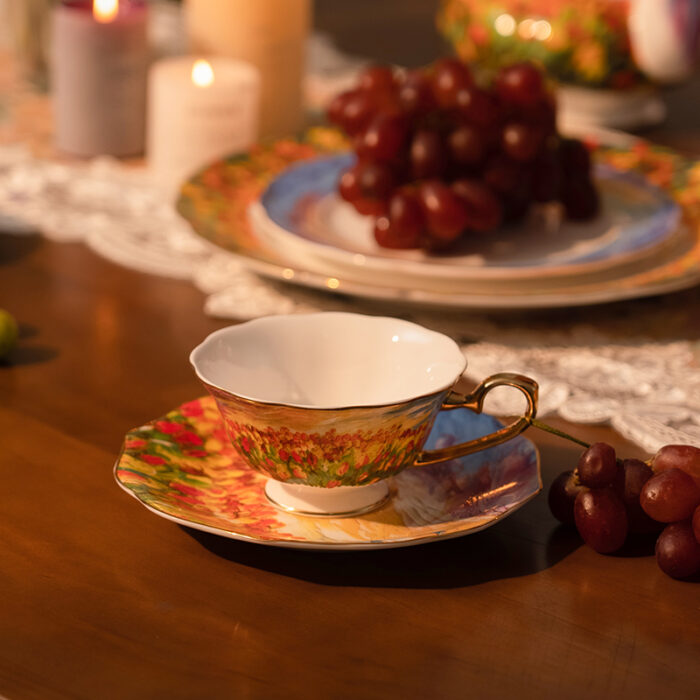 Fine Bone-China Tea Cup & Saucer Set – 160 ml, 24K Gold Handle,Tulip Garden - 4 cups & 4 saucers - Image 3