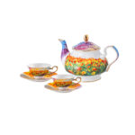 Fine Bone-China Tea Cup & Saucer Set – 160 ml, 24K Gold Handle,Tulip Garden - 1teapot and 2 cups & 2 saucers (FOR SAMPLES ONLY)