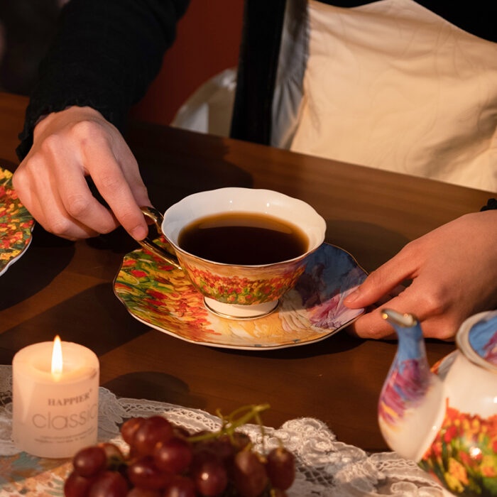 Fine Bone-China Tea Cup & Saucer Set – 160 ml, 24K Gold Handle,Tulip Garden - 4 cups & 4 saucers - Image 4