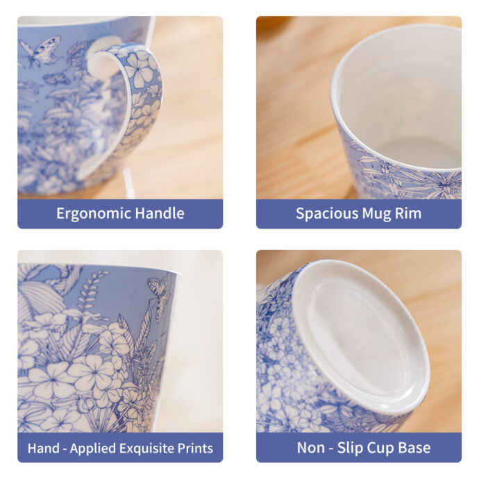 Coffee Mugs Set of 4 – 15.2 oz (450 ml) Bone China Mugs, Hidden Cat & Flowers Design, Gift Box - Image 8