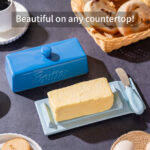 Butter Dish with Lid and Knife: Ceramic Butter Dish with Lid for Countertop, 8 Inch Butter Holder with Knob Handle, Durable Butter Keeper - Blue - Image 8