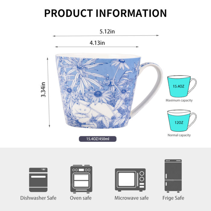 Coffee Mugs Set of 4 – 15.2 oz (450 ml) Bone China Mugs, Hidden Cat & Flowers Design, Gift Box - Image 9